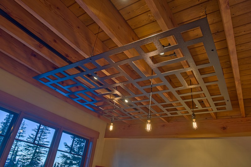 Revamp rustic cabin interior basketweave metal cloud hanging lights close up